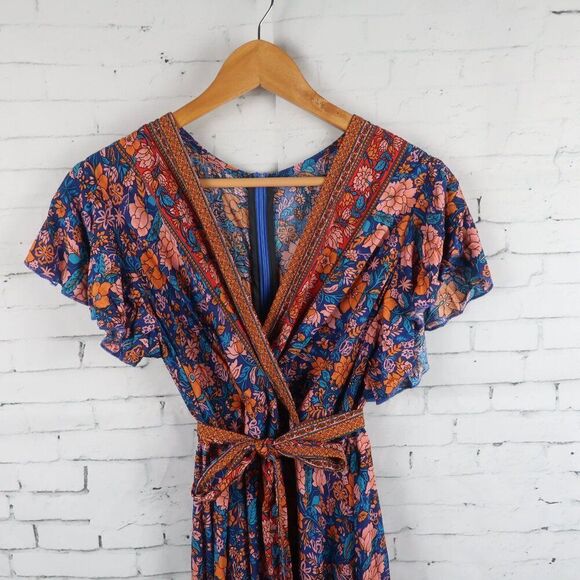 ORANGE PINK & BLUE FLORAL FLUTTER SLEEVE  V LIGHTWEIGHT NECK MAXI DRESS SIZE S - Picture 3 of 9